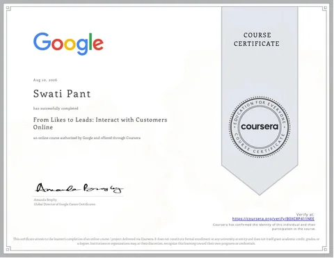 From Likes to Leads: Interact with Customers Online certificate issued by Google · Coursera