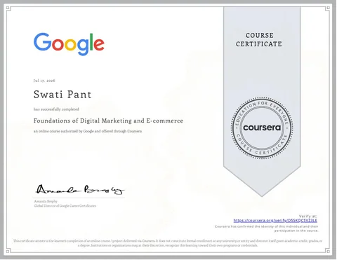 Foundations of Digital Marketing and E-commerce certificate issued by Google · Coursera