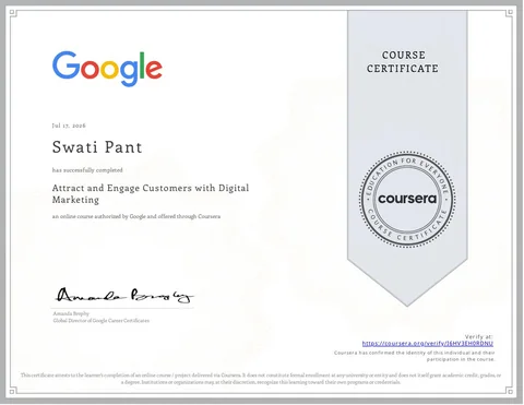 Attract and Engage Customers with Digital Marketing certificate issued by Google · Coursera
