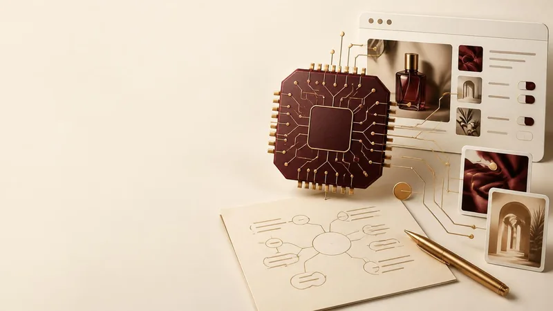 Human strategy. AI support: a burgundy processor connects a human planning sheet to a conceptual campaign interface, showing strategy and advertising automation working together.