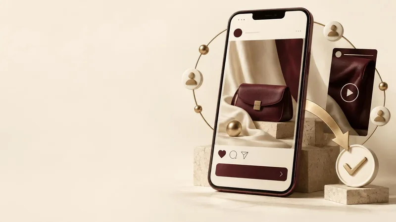 Meta Ads, made clear: a layered social-feed ad and Reel-style placement connect audience discovery to an action, using a conceptual product creative, not real client work.