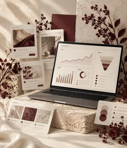 Conceptual performance marketing dashboard with charts, audience segments and conversion funnel, shown without campaign results