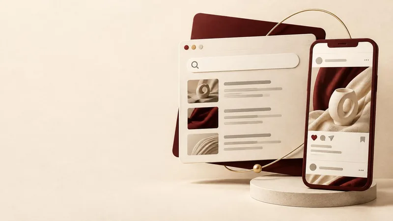 Google Ads + Meta Ads: a search-results window and social-feed phone connected by a gold thread illustrate search intent and social discovery working together.