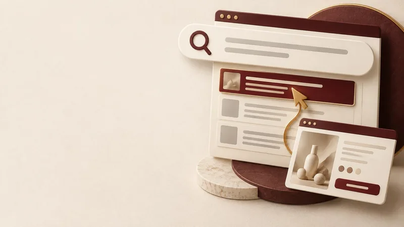 The search, the ad, the next step: a prominent search bar leads to a highlighted sponsored result and a landing page, illustrating the Google Search advertising journey.
