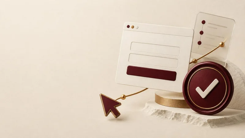 Beyond the click: a cursor follows a gold tracking path through a website form to a prominent confirmation check, illustrating an interaction becoming a recorded action.